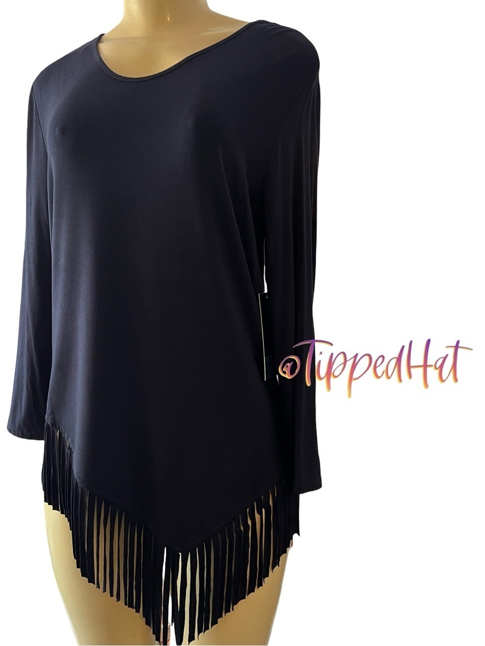 Slim Factor Fringe Hem Tunic Top Navy Blue Stretch 3/4 Sleeve NWT S
